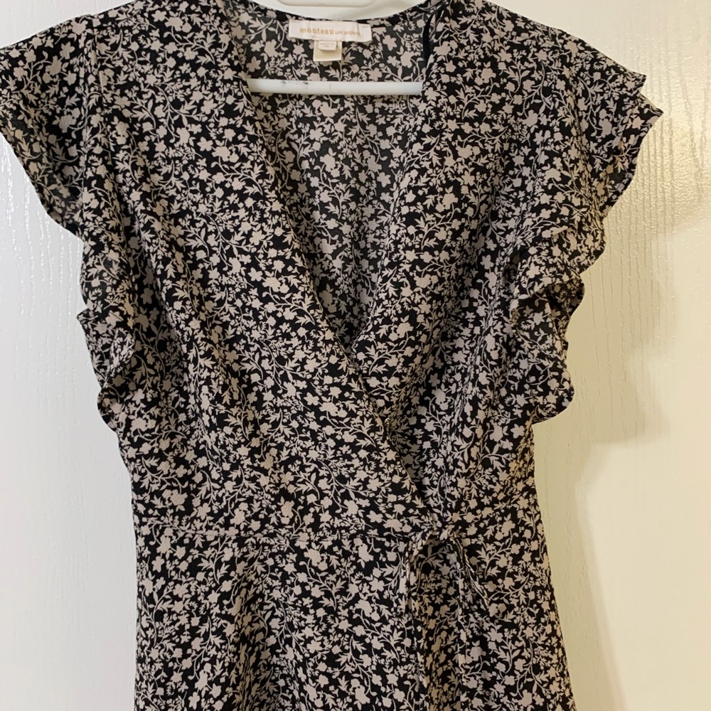 Black and Cream Floral Wrap Blouse